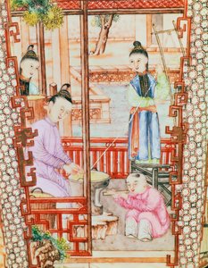 Detail from a vase depicting women spinning silk